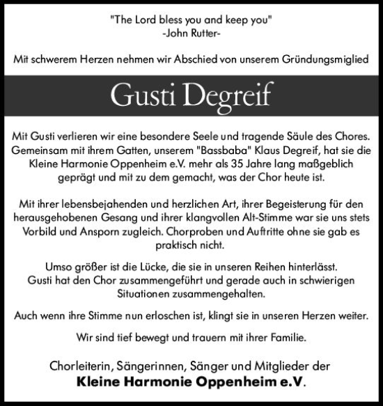 Traueranzeige von Gusti Degreif von vrm-trauer AZ Mainz