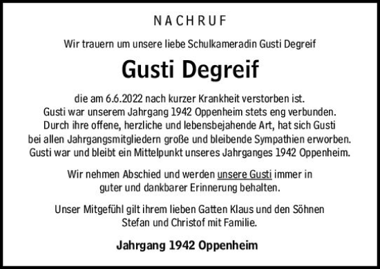 Traueranzeige von Gusti Degreif von vrm-trauer AZ Mainz