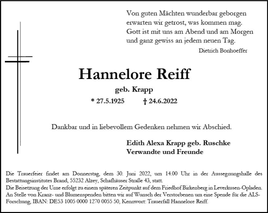 Traueranzeige von Hannelore Reiff von vrm-trauer Allgemeine Zeitung Alzey