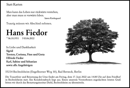 Traueranzeige von Hans Fiedor von vrm-trauer Allgemeine Zeitung Alzey