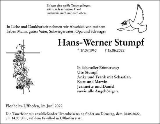 Traueranzeige von Hans-Werner Stumpf von vrm-trauer Allgemeine Zeitung Alzey