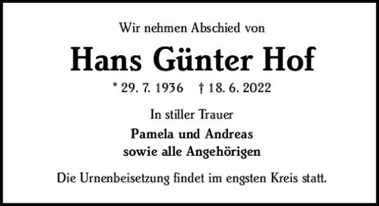 Traueranzeige von Hans Günter Hof von vrm-trauer Darmstädter Echo