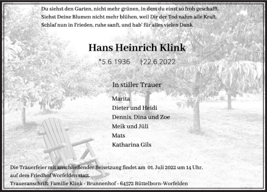 Traueranzeige von Hans Heinrich Klink von vrm-trauer Groß-Gerauer Echo