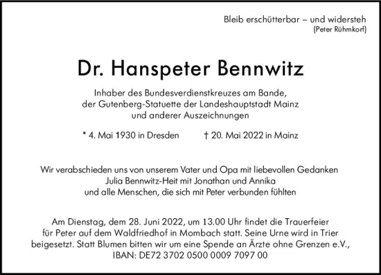 Traueranzeige von Hanspeter Bennwitz von vrm-trauer AZ Mainz