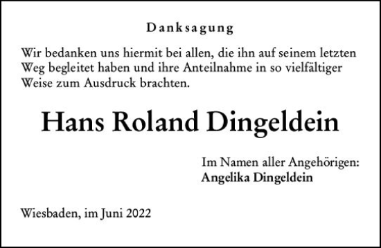 Traueranzeige von Hans Roland Dingeldein von vrm-trauer Wiesbadener Kurier