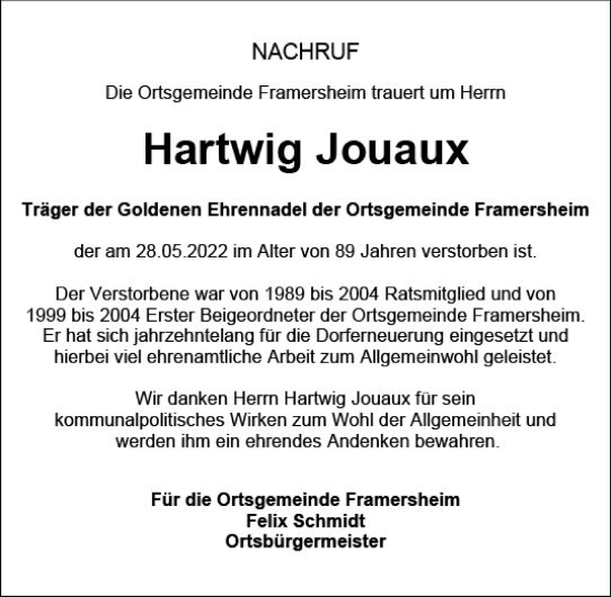 Traueranzeige von Hartwig Jouaux von vrm-trauer Allgemeine Zeitung Alzey