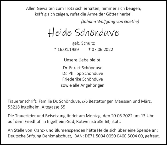 Traueranzeige von Heide Schönduve von vrm-trauer Allgemeine  Zeitung Ingelheim-Bingen