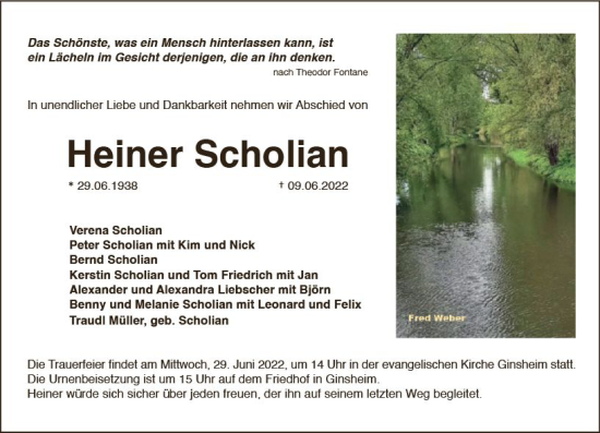 Traueranzeige von Heiner Scholian von vrm-trauer Rüsselsheimer Echo / MainSpitze