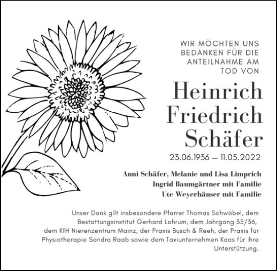 Traueranzeige von Heinrich Friedrich Schäfer von vrm-trauer AZ Mainz