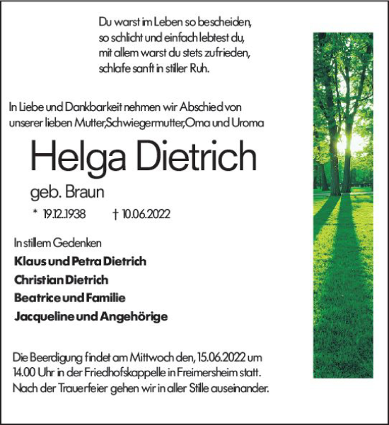 Traueranzeige von Helga Dietrich von vrm-trauer Allgemeine Zeitung Alzey