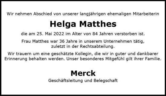 Traueranzeige von Helga Matthes von vrm-trauer Darmstädter Echo