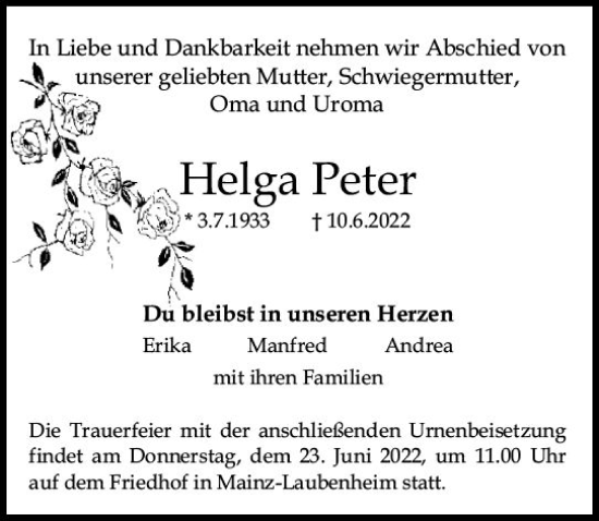 Traueranzeige von Helga Peter von vrm-trauer AZ Mainz