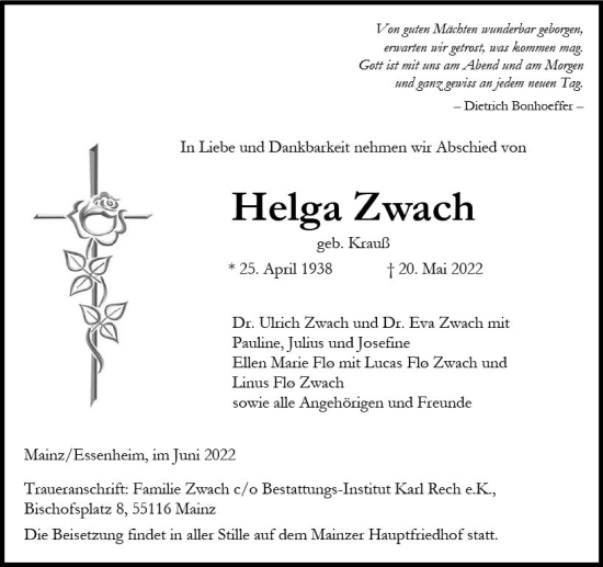 Traueranzeige von Helga Zwach von vrm-trauer Wormser Zeitung
