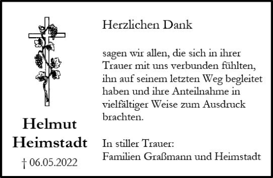 Traueranzeige von Helmut Heimstadt von vrm-trauer Allgemeine  Zeitung Ingelheim-Bingen
