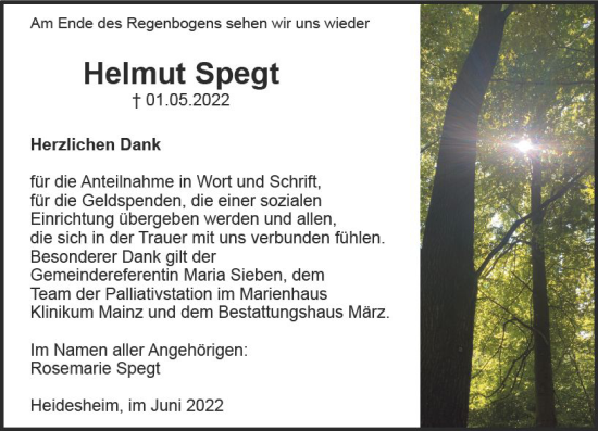 Traueranzeige von Helmut Spegt von vrm-trauer Allgemeine  Zeitung Ingelheim-Bingen