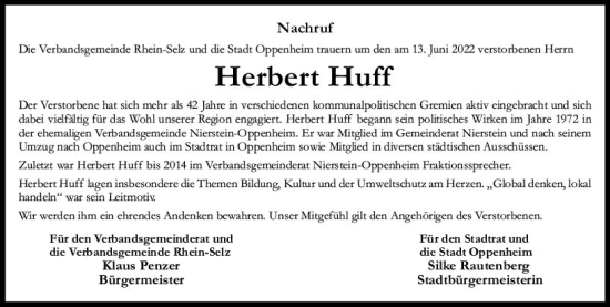 Traueranzeige von Herbert Huff von vrm-trauer AZ Mainz