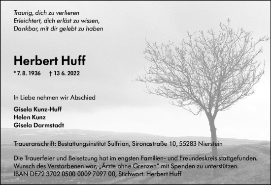 Traueranzeige von Herbert Huff von vrm-trauer AZ Mainz