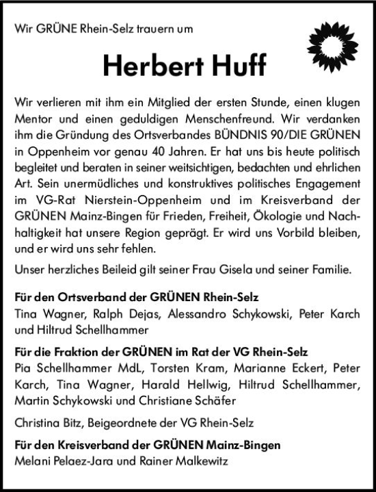 Traueranzeige von Herbert Huff von vrm-trauer AZ Mainz