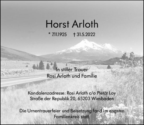Traueranzeige von Horst Arloth von vrm-trauer Wiesbadener Kurier