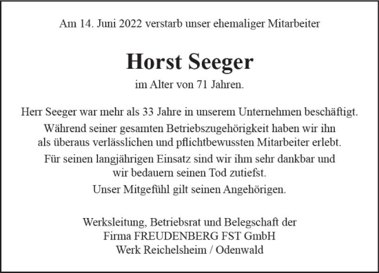 Traueranzeige von Horst Seeger von vrm-trauer Odenwälder Echo