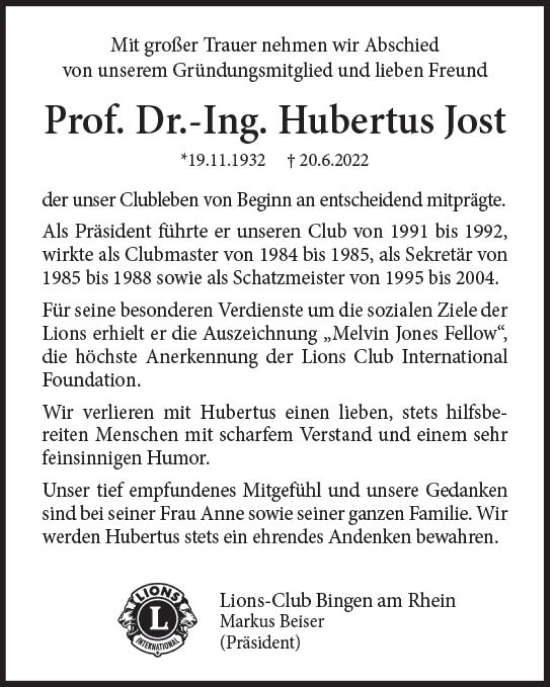 Traueranzeige von Hubertus Jost von vrm-trauer Allgemeine  Zeitung Ingelheim-Bingen