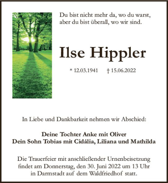 Traueranzeige von Ilse Hippler von vrm-trauer Darmstädter Echo
