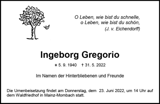 Traueranzeige von Ingeborg Gregorio von vrm-trauer AZ Mainz