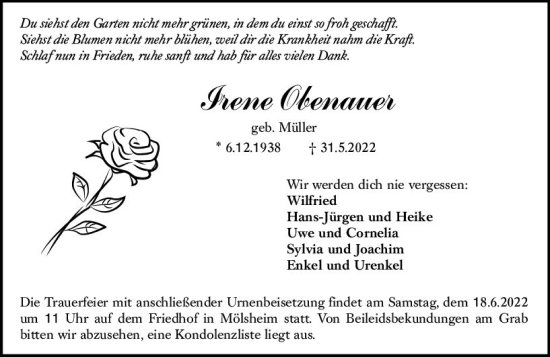 Traueranzeige von Irene Obenauer von vrm-trauer Wormser Zeitung