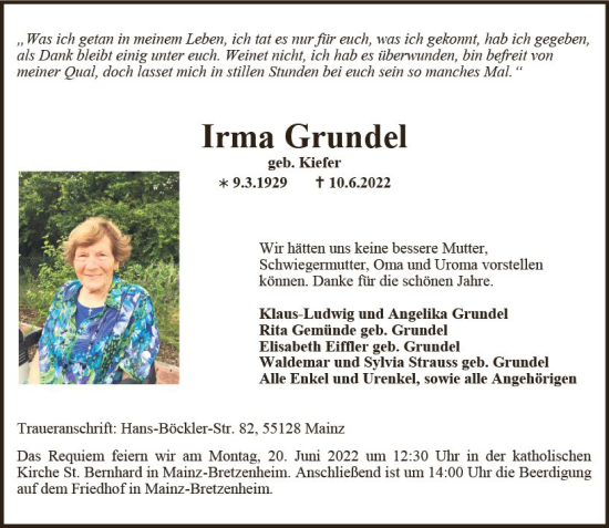 Traueranzeige von Irma Grundel von vrm-trauer AZ Mainz