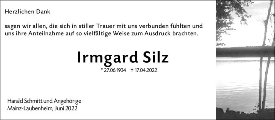 Traueranzeige von Irmgard Silz von vrm-trauer AZ Mainz