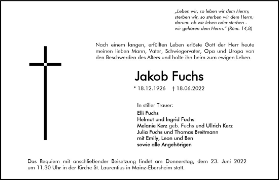 Traueranzeige von Jakob Fuchs von vrm-trauer AZ Mainz