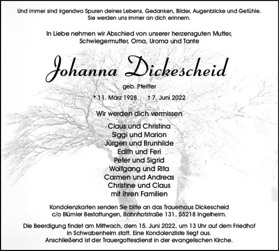Traueranzeige von Johanna Dickescheid von vrm-trauer Allgemeine  Zeitung Ingelheim-Bingen