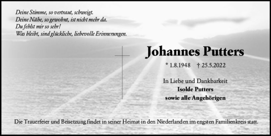 Traueranzeige von Johannes Putters von vrm-trauer Wiesbadener Kurier