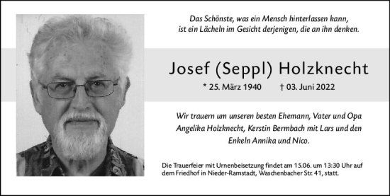 Traueranzeige von Josef Holzknecht von vrm-trauer Darmstädter Echo