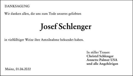 Traueranzeige von Josef Schlenger von vrm-trauer AZ Mainz