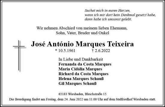 Traueranzeige von José Antonio Marques Teixeira von vrm-trauer Wiesbadener Kurier