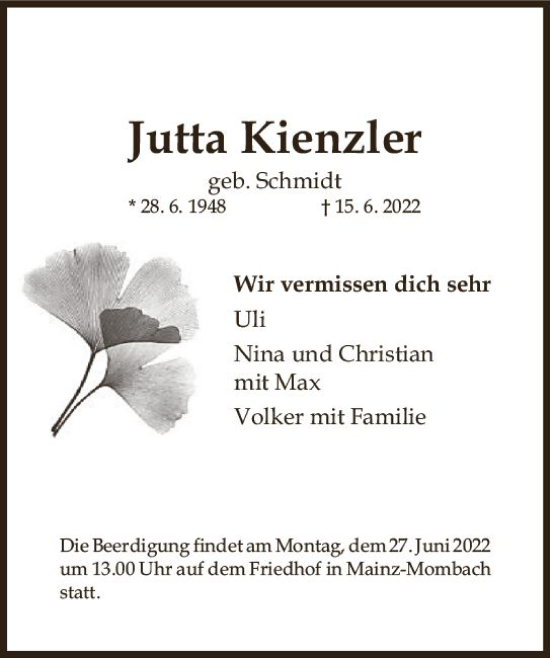 Traueranzeige von Jutta Kienzler von vrm-trauer AZ Mainz