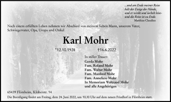 Traueranzeige von Karl Mohr von vrm-trauer Rüsselsheimer Echo / MainSpitze