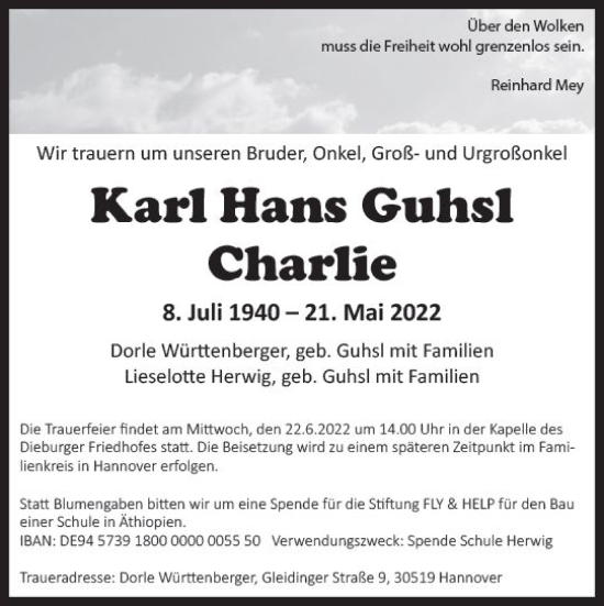 Traueranzeige von Karl Hans  Charlie von vrm-trauer DieburgerAnzeiger/Groß-Zimmerner Lokala