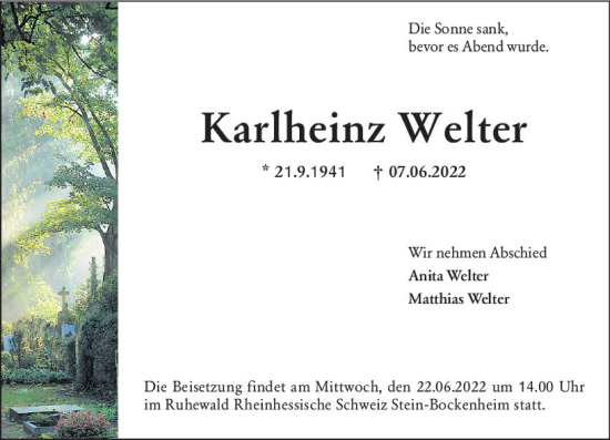 Traueranzeige von Karlheinz Welter von vrm-trauer Allgemeine  Zeitung Ingelheim-Bingen