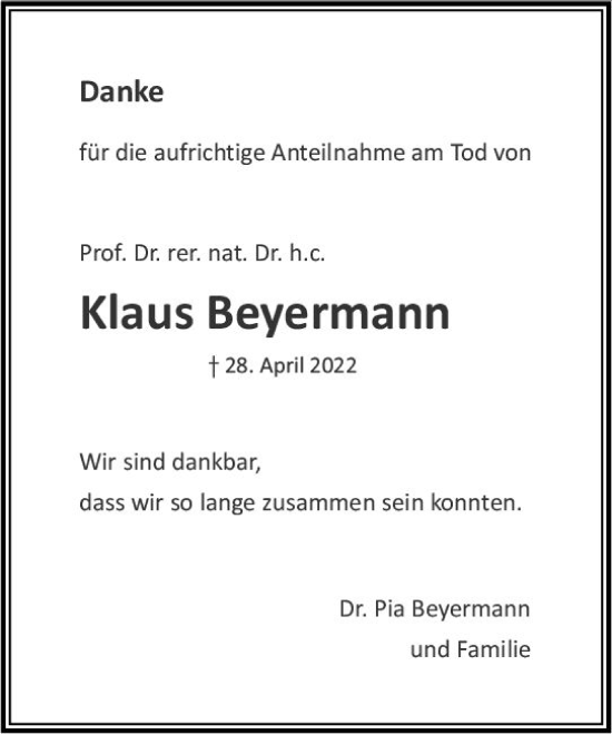 Traueranzeige von Klaus Beyermann von vrm-trauer AZ Mainz