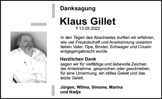 Traueranzeige von Klaus Gillet von vrm-trauer AZ Mainz