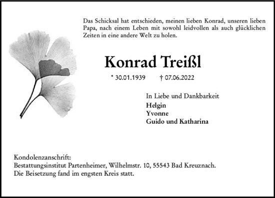 Traueranzeige von Konrad Treißl von vrm-trauer Allg. Zeitung Bad Kreuznach