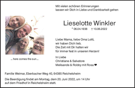 Traueranzeige von Lieselotte Winkler von vrm-trauer Odenwälder Echo