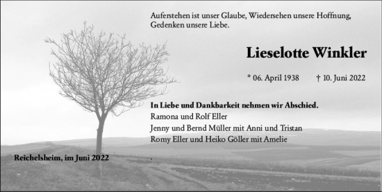 Traueranzeige von Lieselotte Winkler von vrm-trauer Odenwälder Echo