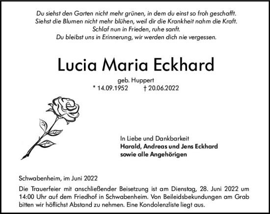 Traueranzeige von Lucia Maria Eckhard von vrm-trauer Allgemeine  Zeitung Ingelheim-Bingen