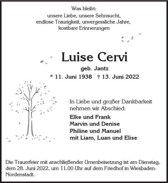 Traueranzeige von Luise Cervi von vrm-trauer Wiesbadener Kurier