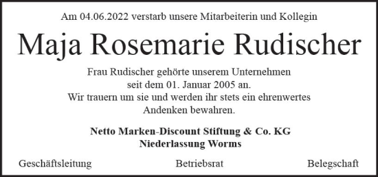 Traueranzeige von Maja Rosemarie Rudischer von vrm-trauer AZ Mainz