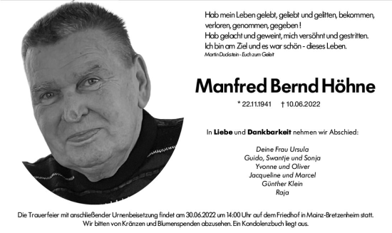 Traueranzeige von Manfred Bernd Höhne von vrm-trauer AZ Mainz
