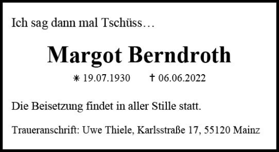 Traueranzeige von Margot Berndroth von vrm-trauer AZ Mainz